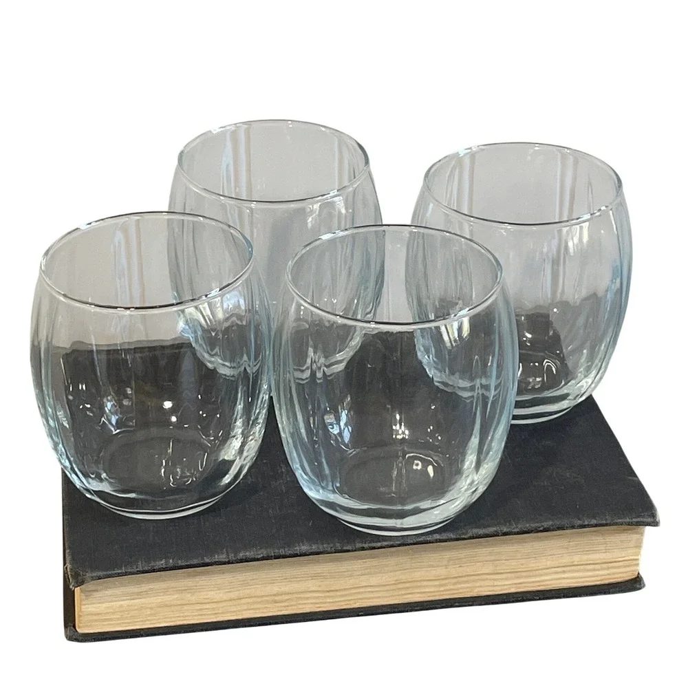 Libbey Crisa Samba Clear Ribbed Barrel‎ Rocks Glass Tumblers Etched Signature